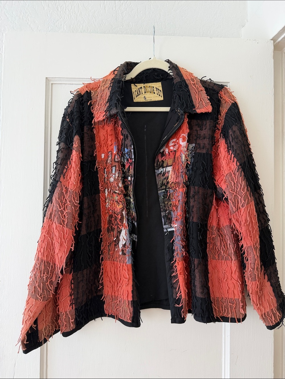 Frayed Plaid Zip-Front Jean Jacket in Red & Black